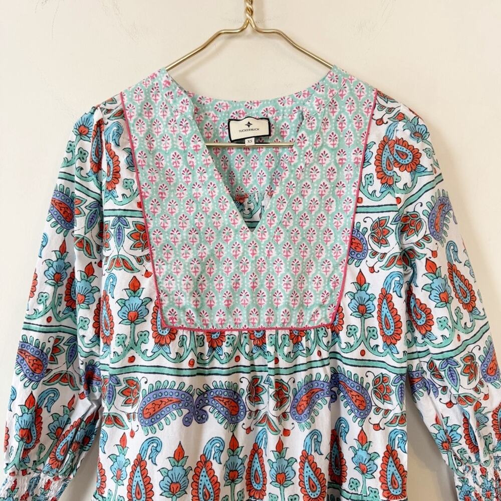 Tuckernuck Teal and Seagrass Floral Block Print Kenzie Tiered Mini Dress XS - Picture 7 of 12